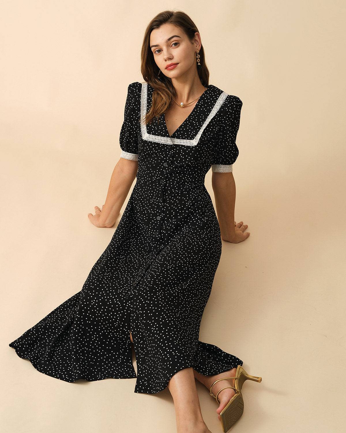 Polka Dot Lace Trim Midi Dress