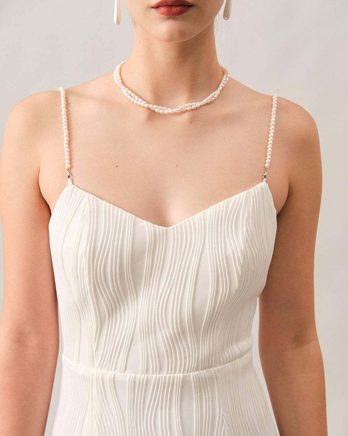 Wavy Pearl Strap Midi Dress