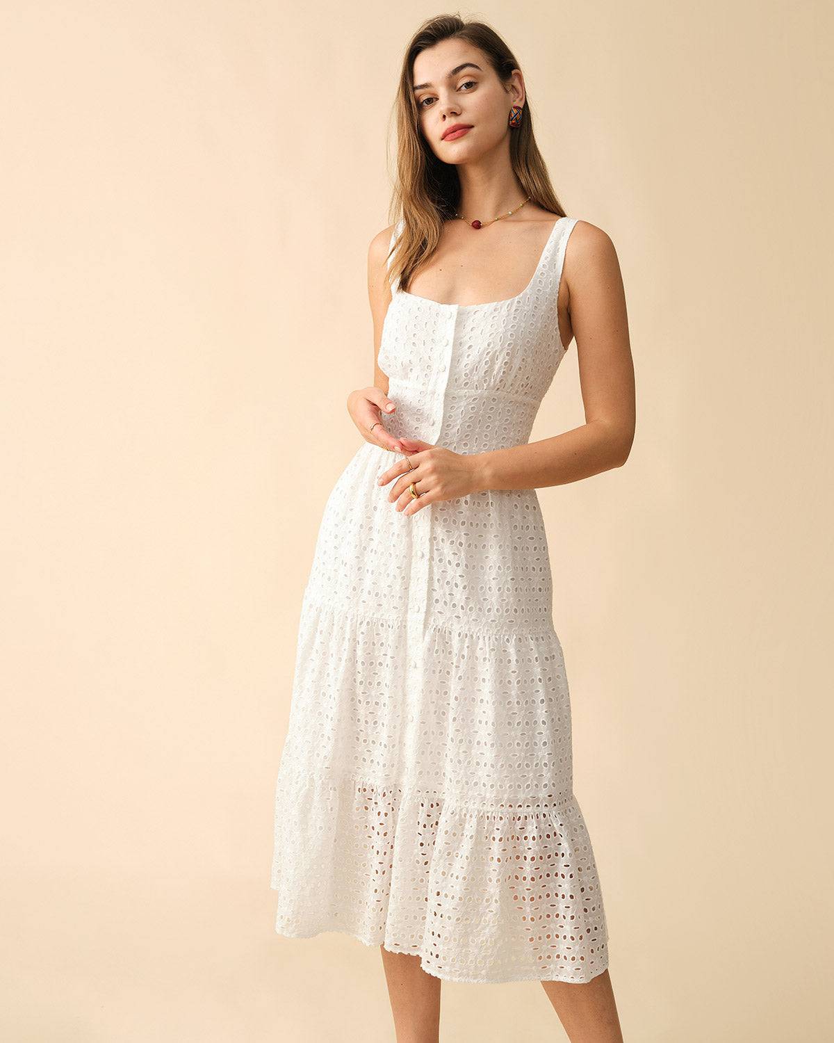Square Neck Tiered Hem Midi Dress