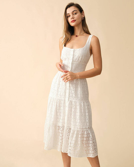 Square Neck Tiered Hem Midi Dress