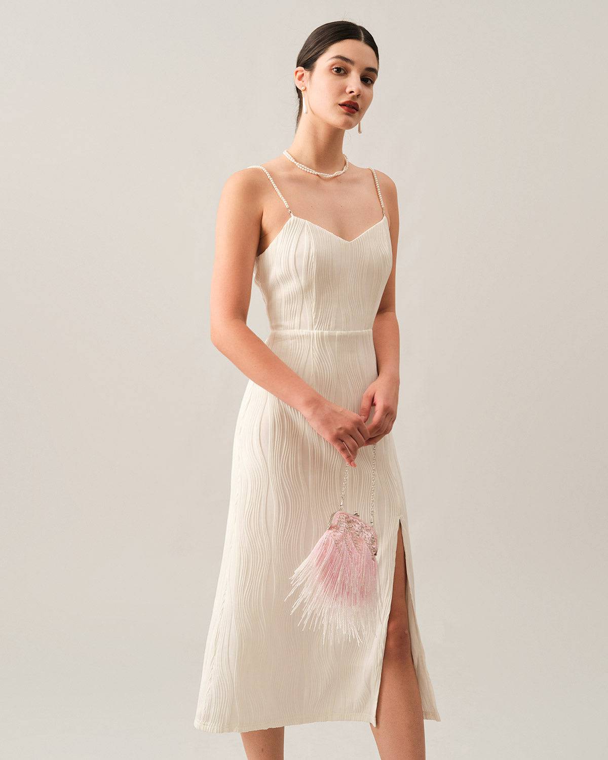 Wavy Pearl Strap Midi Dress