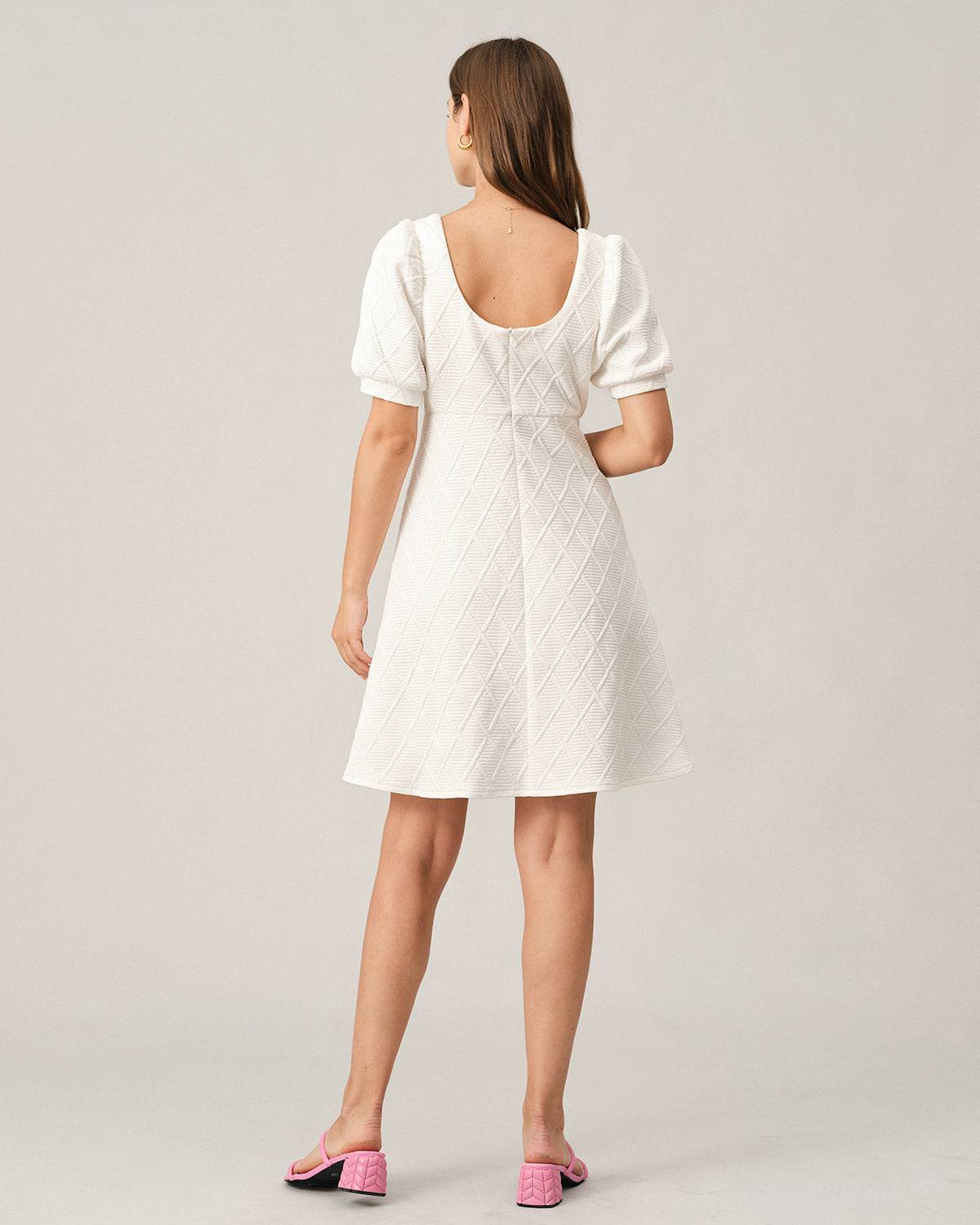 Solid Textured Puff Sleeve Mini Dress