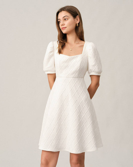 Solid Textured Puff Sleeve Mini Dress