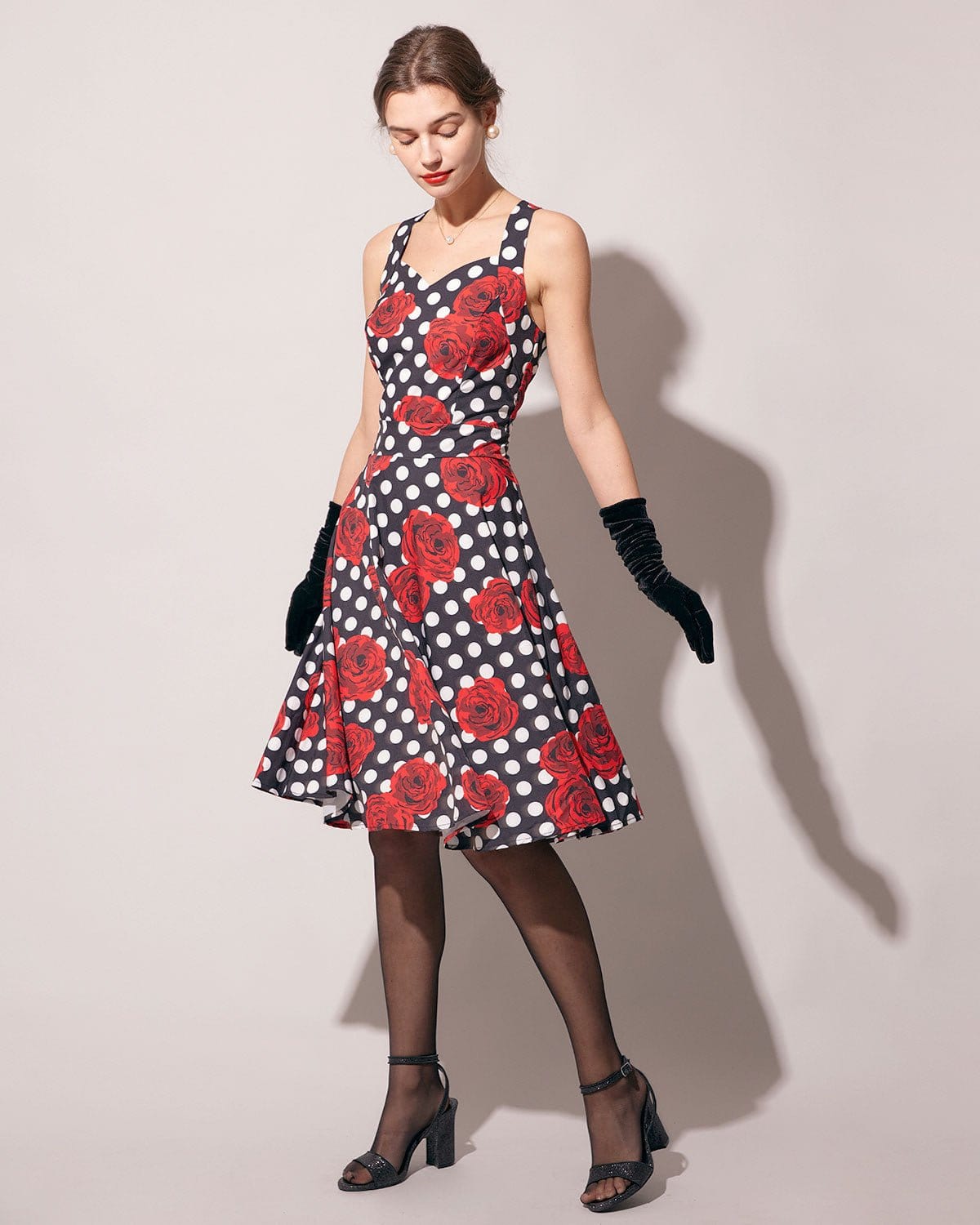 Sweetheart Neck Polka Dot Rose Sling Midi Dress