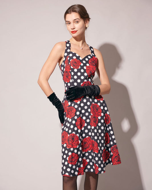 Sweetheart Neck Polka Dot Rose Sling Midi Dress