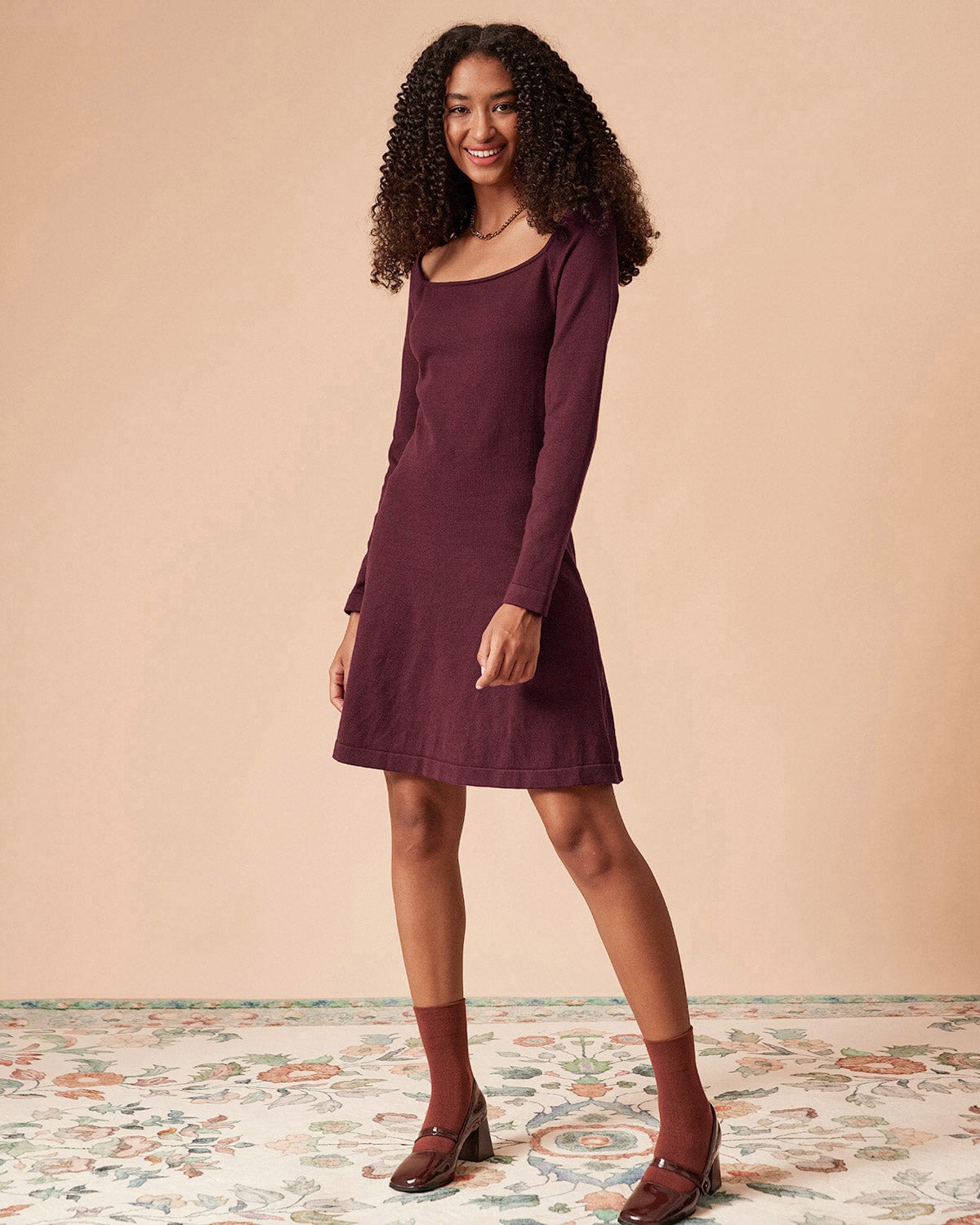 Red Square Neck Long Sleeve Sweater Dress