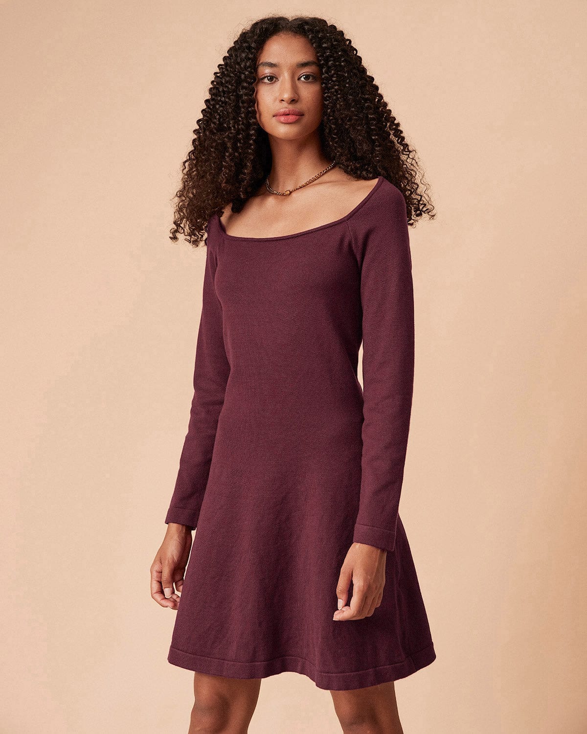 Red Square Neck Long Sleeve Sweater Dress