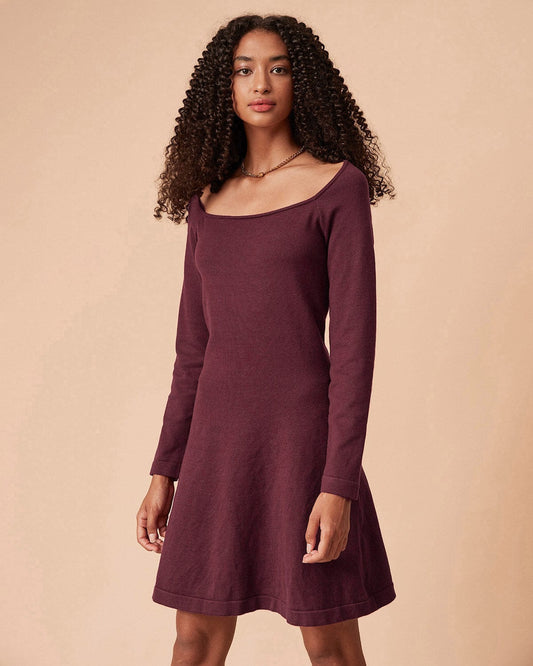 Red Square Neck Long Sleeve Sweater Dress