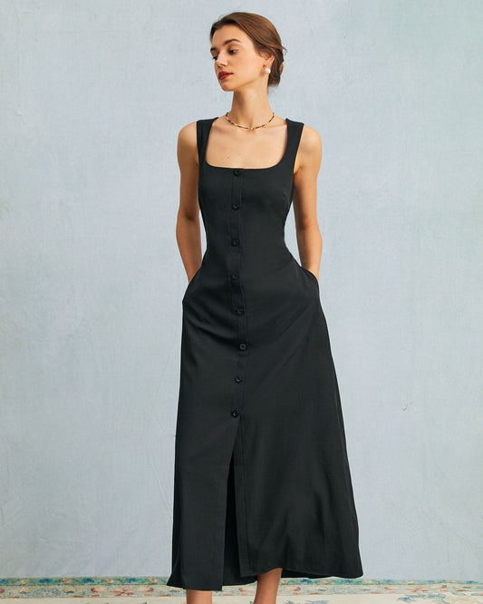 Black U-Neck Tie Sleeveless Maxi Dress