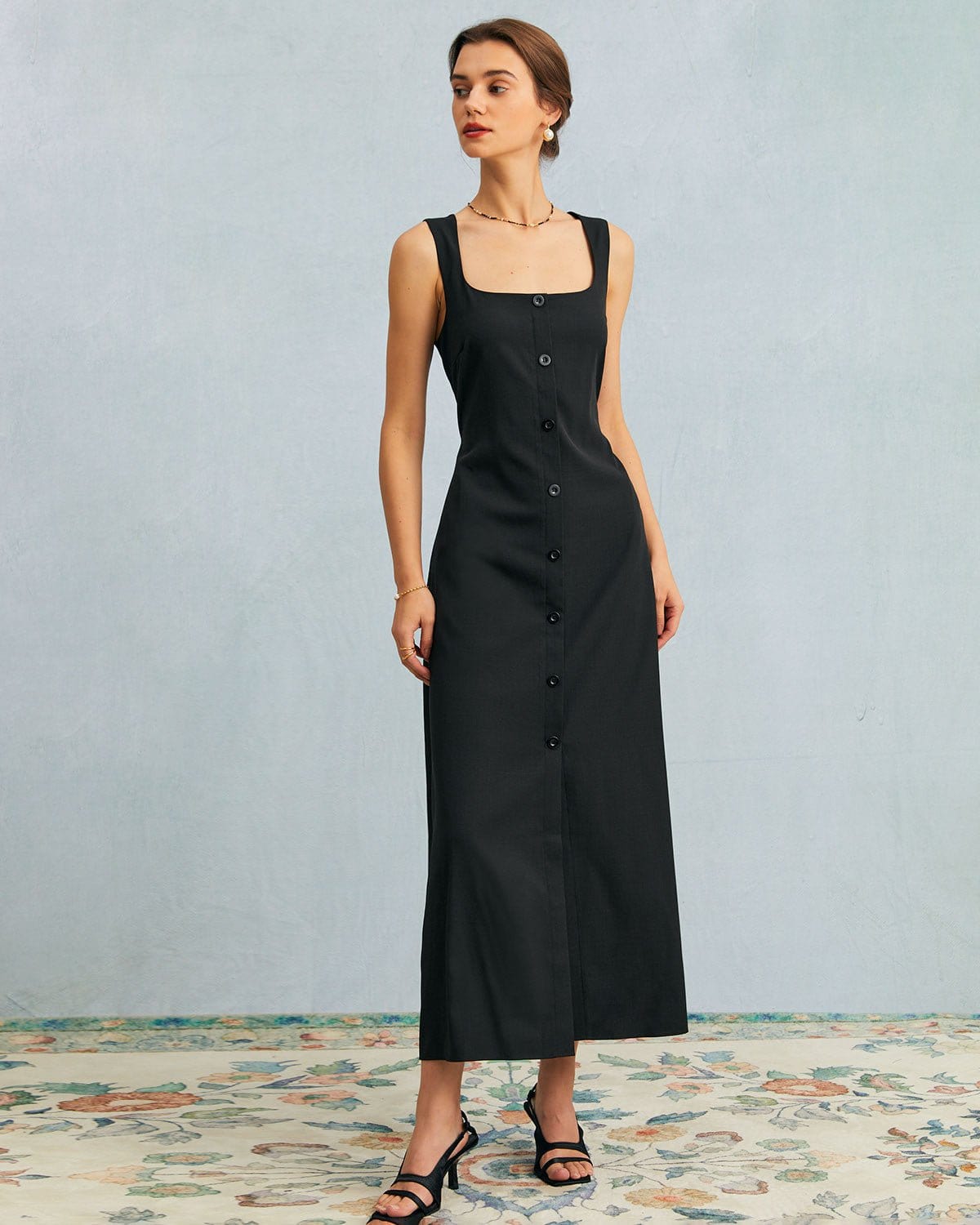 Black U-Neck Tie Sleeveless Maxi Dress