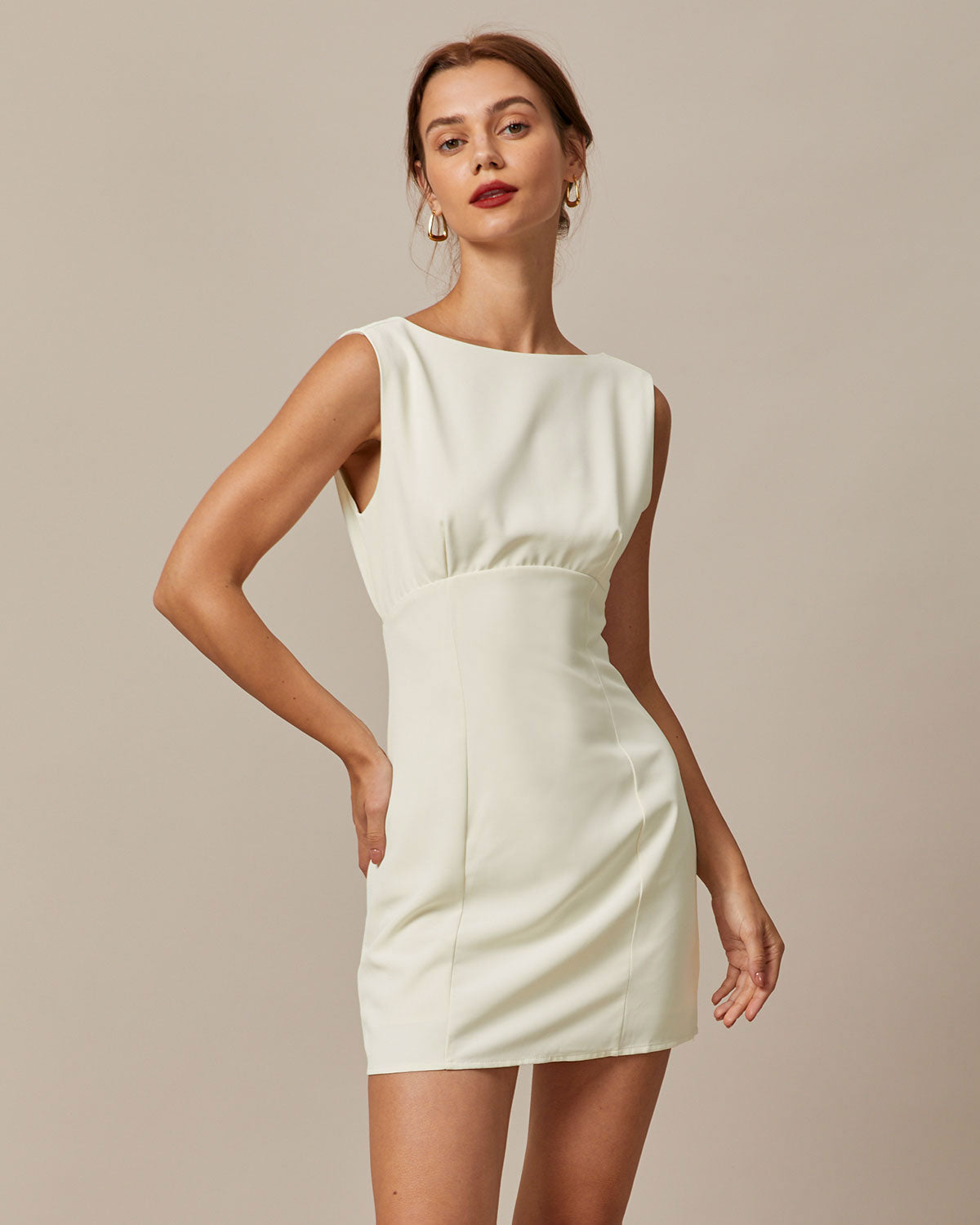 Beige Boat Neck Bow Mini Dress
