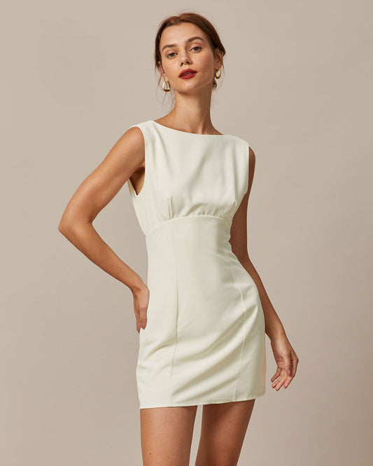 Beige Boat Neck Bow Mini Dress