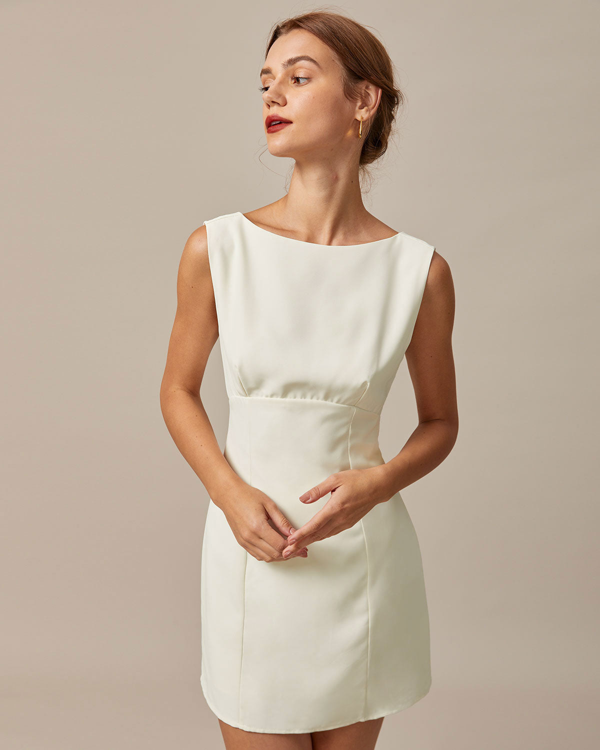Beige Boat Neck Bow Mini Dress