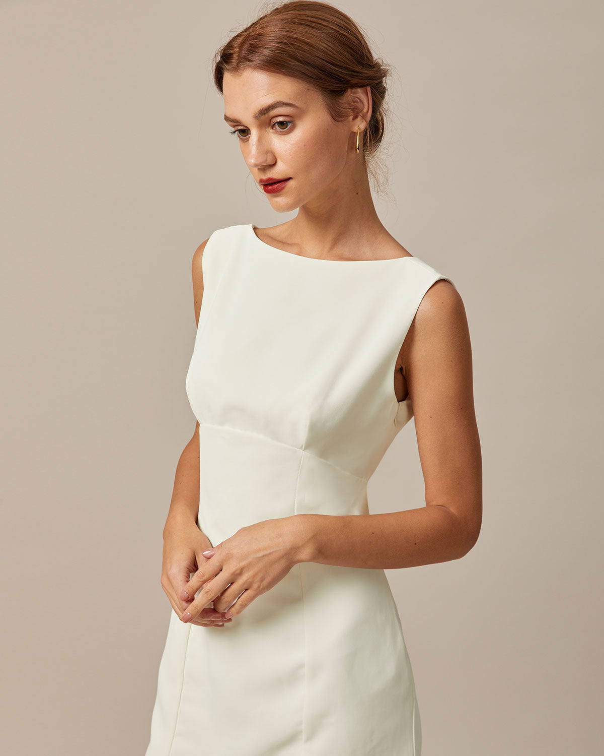 Beige Boat Neck Bow Mini Dress