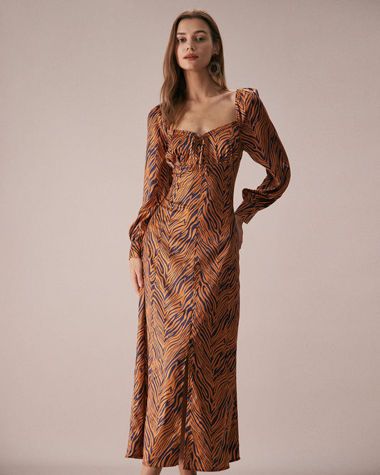 Brown Sweetheart Neck Zebra Print Maxi Dress