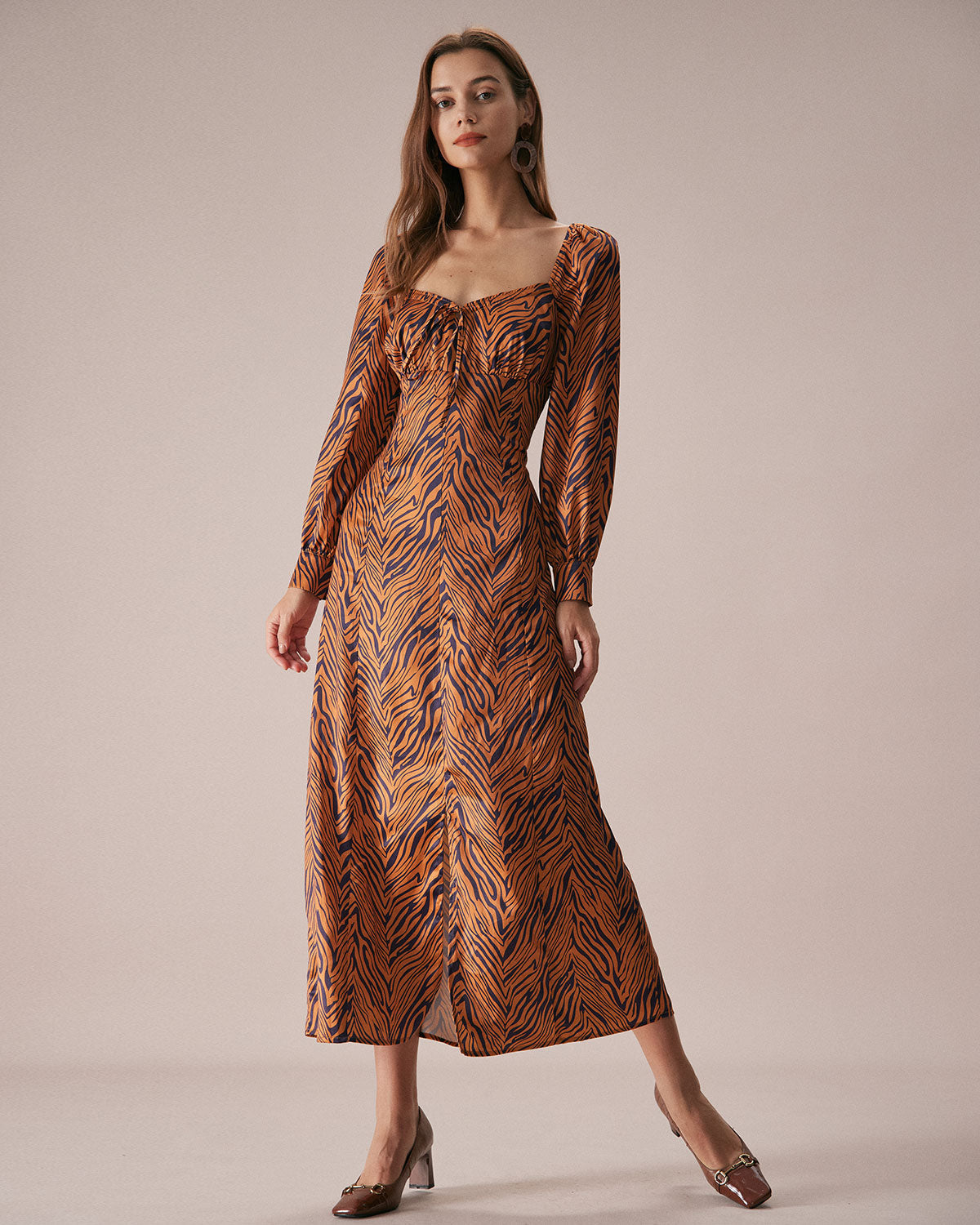 Brown Sweetheart Neck Zebra Print Maxi Dress