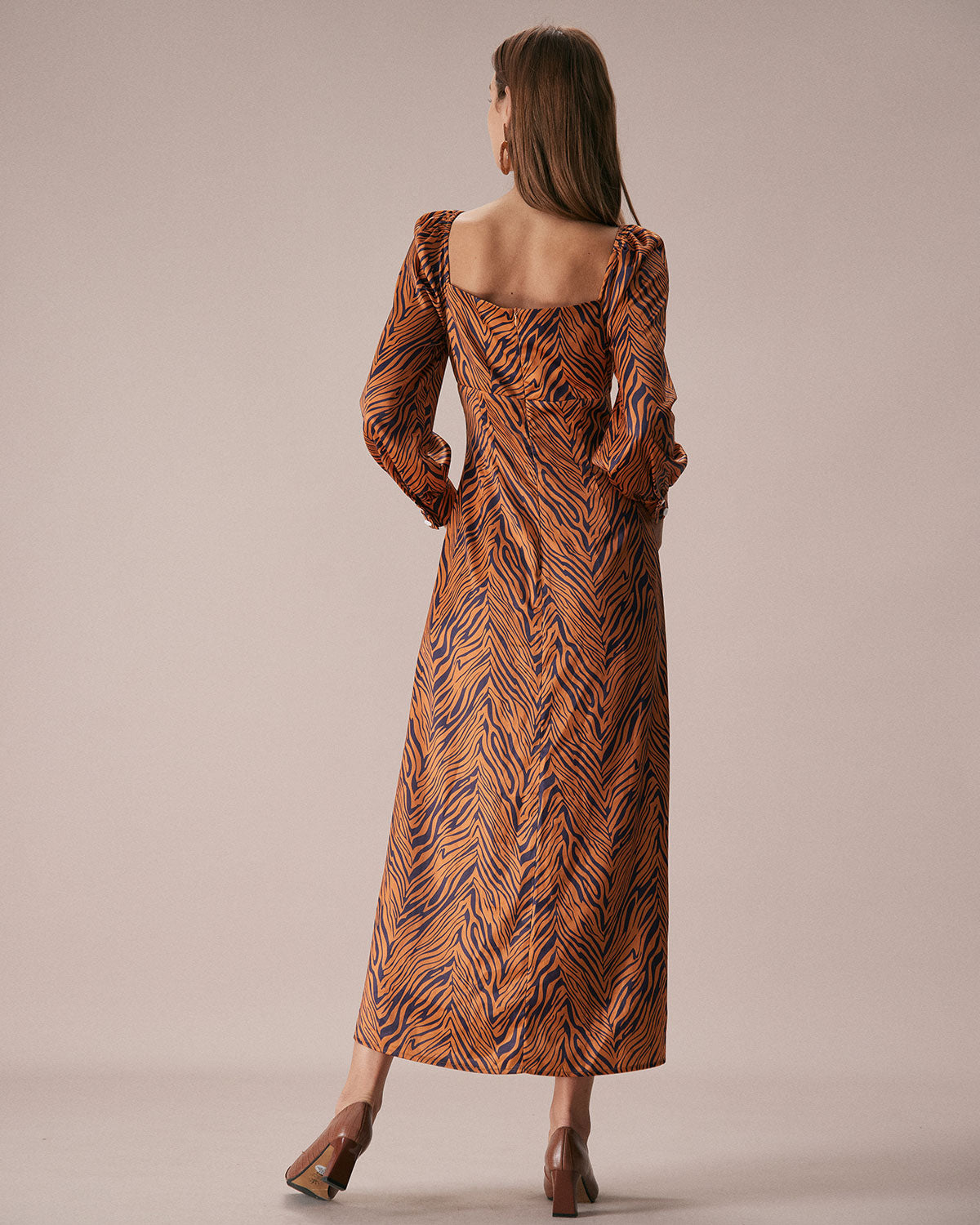 Brown Sweetheart Neck Zebra Print Maxi Dress