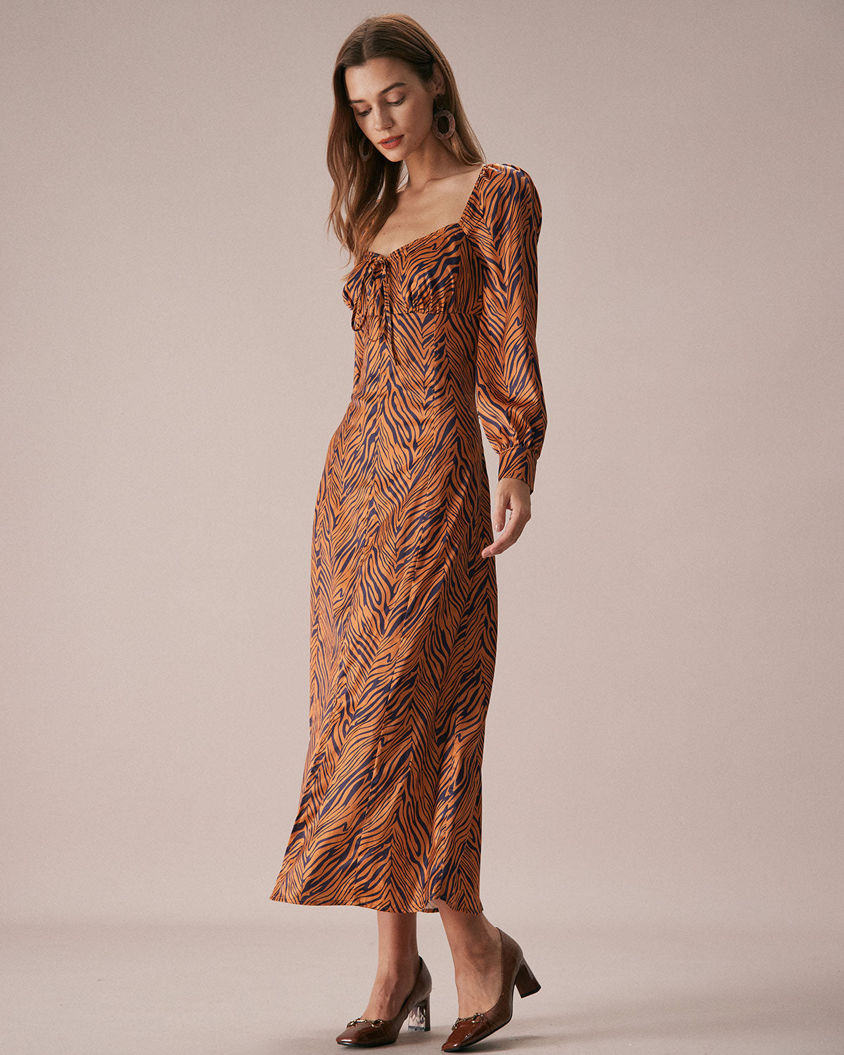 Brown Sweetheart Neck Zebra Print Maxi Dress