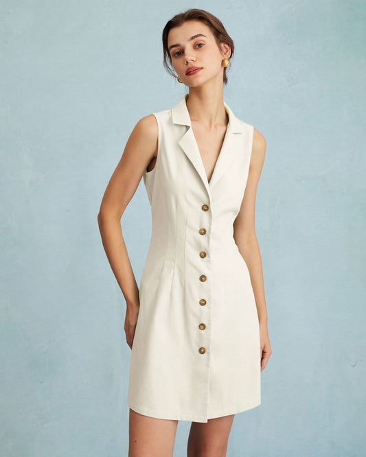 Beige Lapel Button Sleeveless Mini Dress