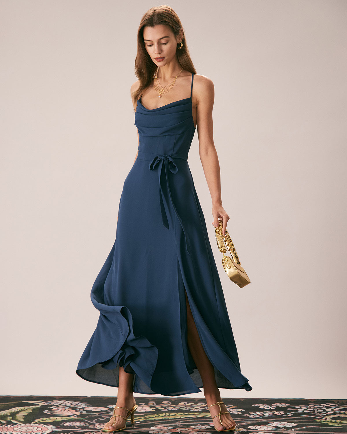 Navy Scarf Neck Cutout Back Maxi Dress