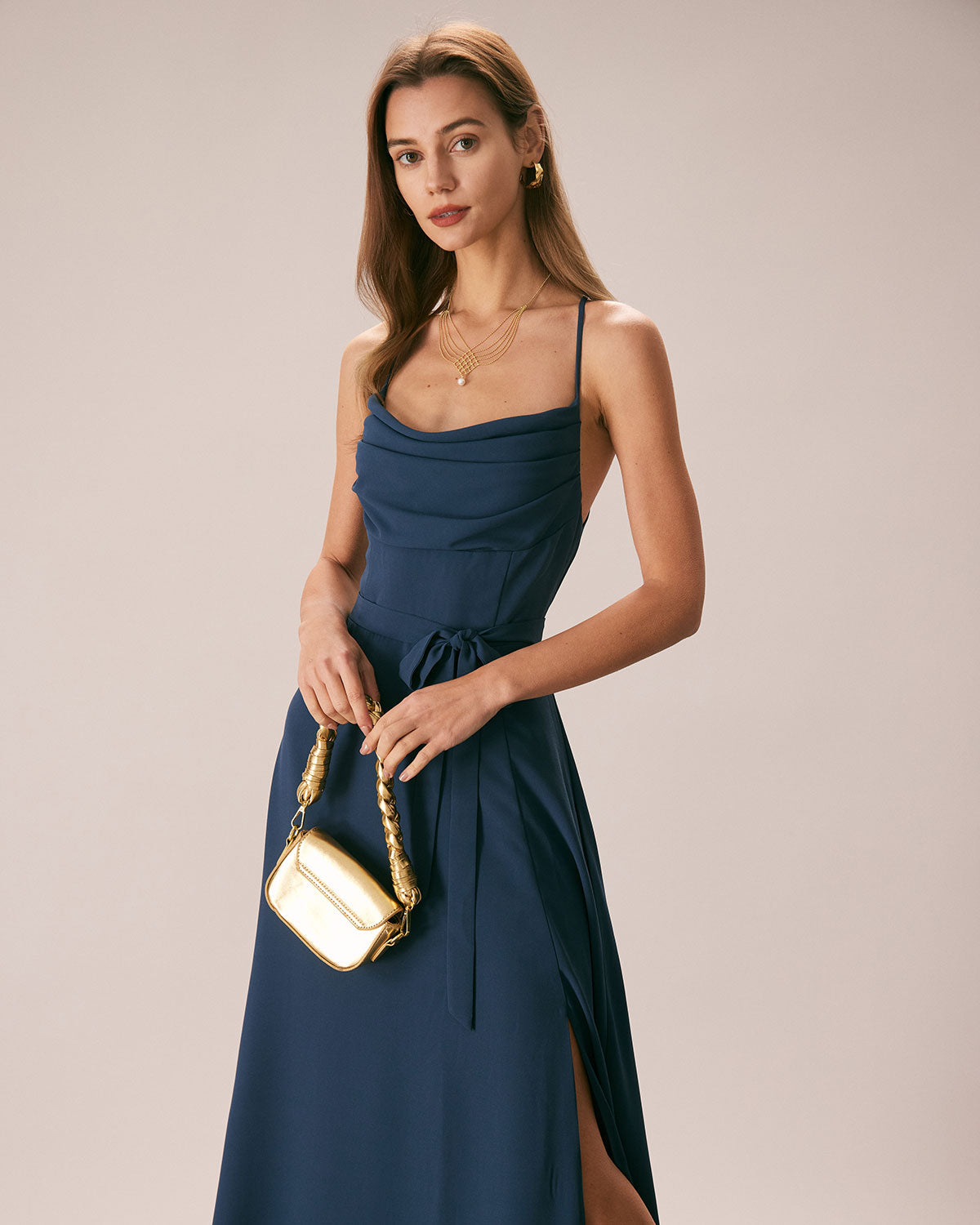 Navy Scarf Neck Cutout Back Maxi Dress
