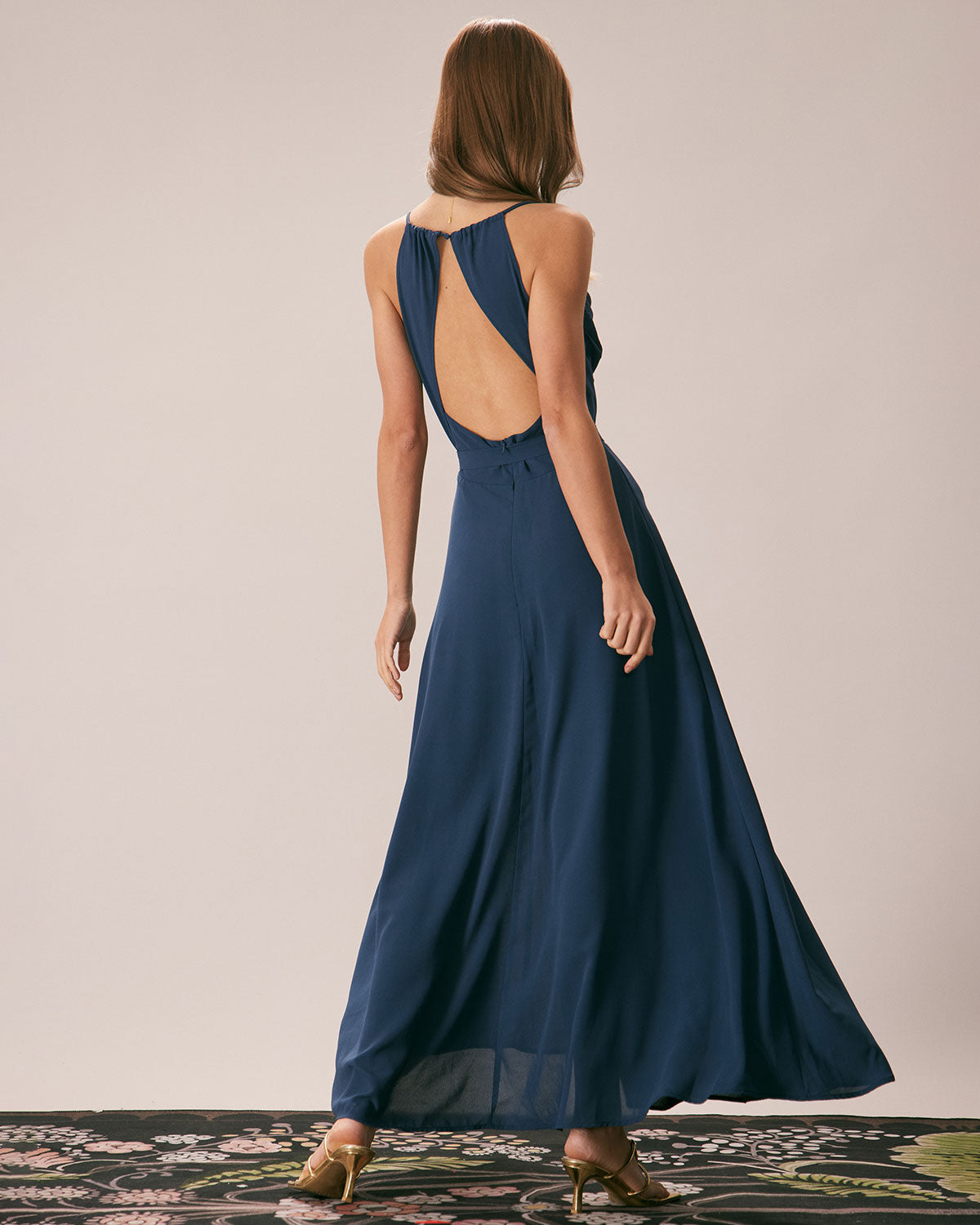 Navy Scarf Neck Cutout Back Maxi Dress
