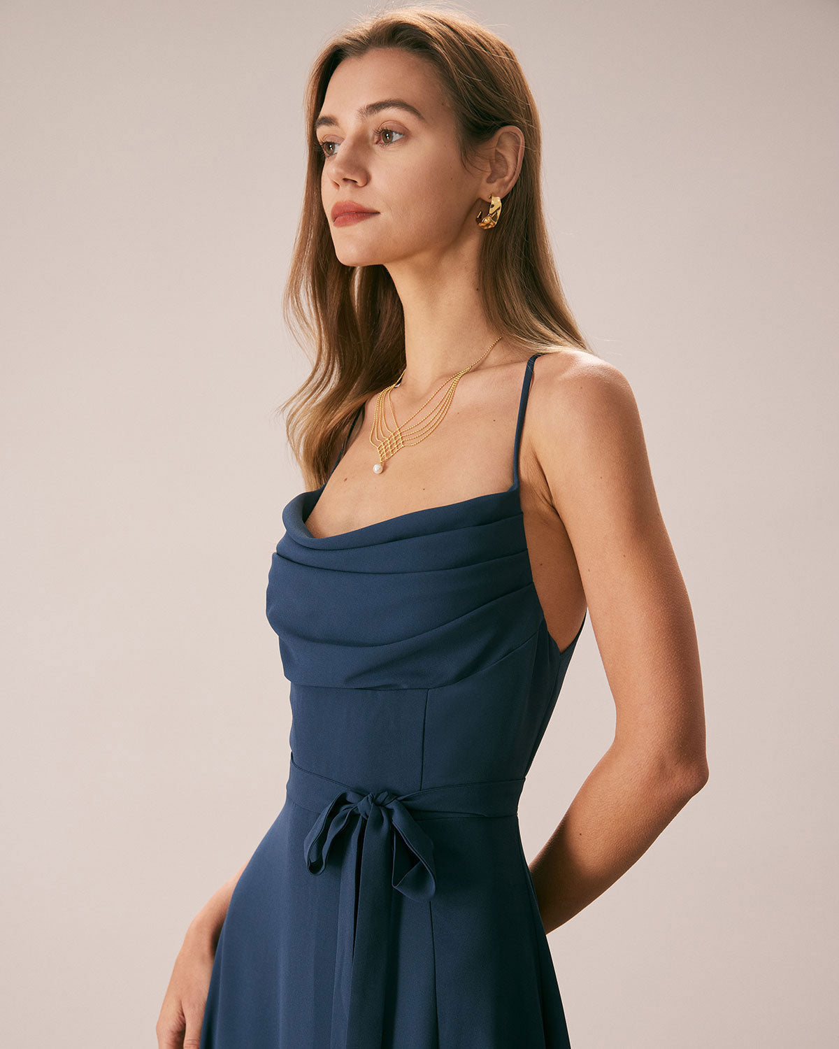 Navy Scarf Neck Cutout Back Maxi Dress