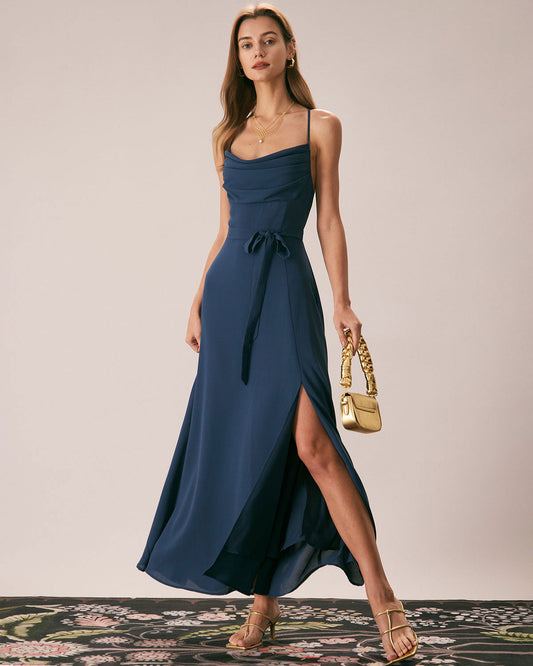 Navy Scarf Neck Cutout Back Maxi Dress
