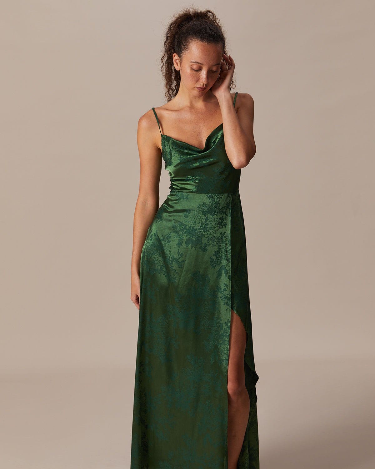 Green Satin Jacquard Drape Neck Maxi Dress