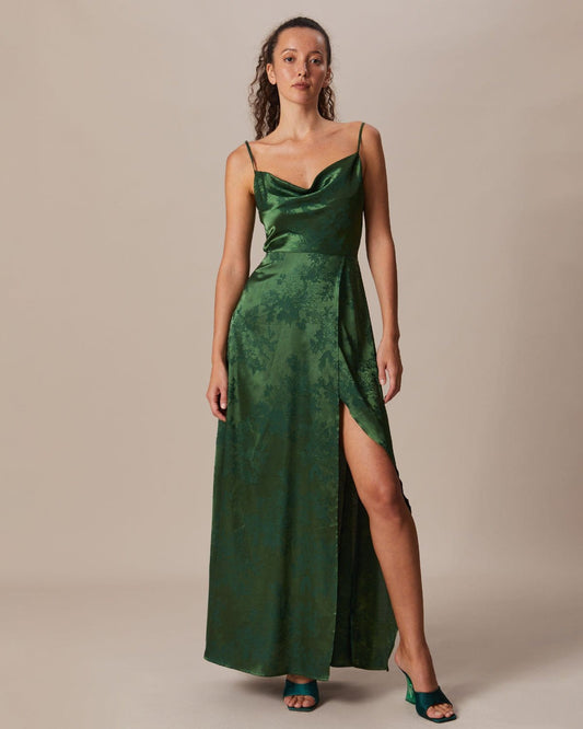Green Satin Jacquard Drape Neck Maxi Dress