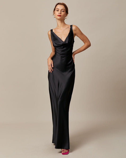 Black satin maxi dress with draped neck