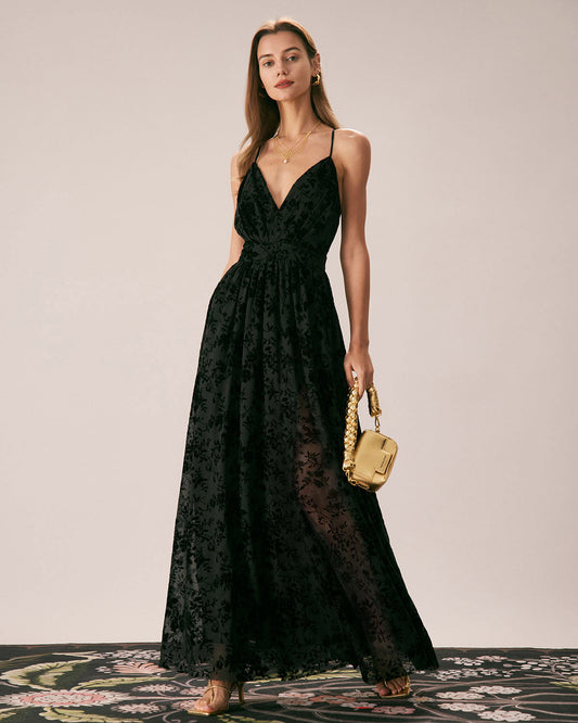 Black Floral Flocked Mesh Slit Maxi Skirt