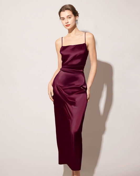 Red satin suspender dress with back slits