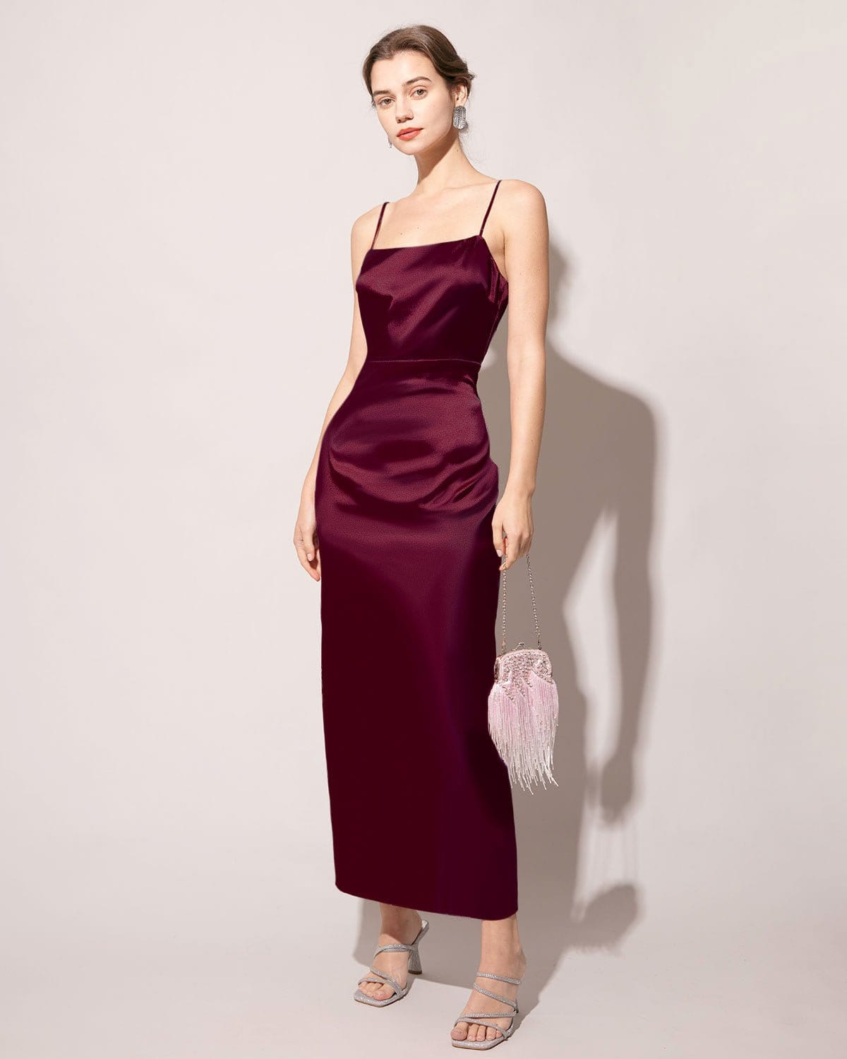 Red satin suspender dress with back slits