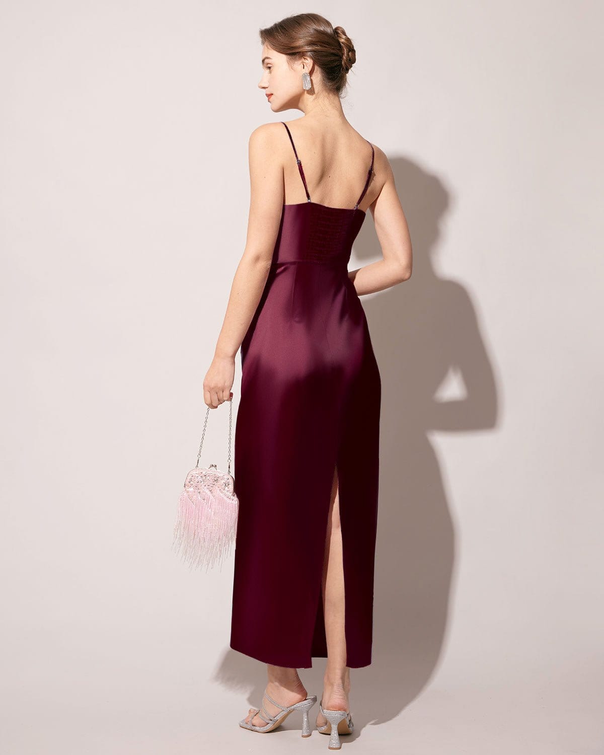 Red satin suspender dress with back slits