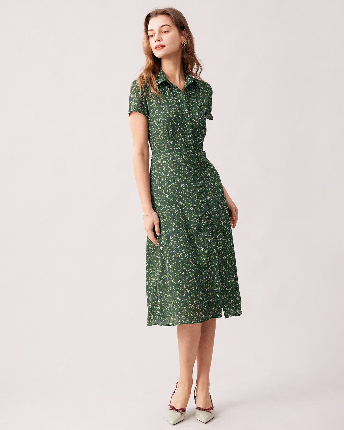 Green Floral Lapel Button Midi Dress