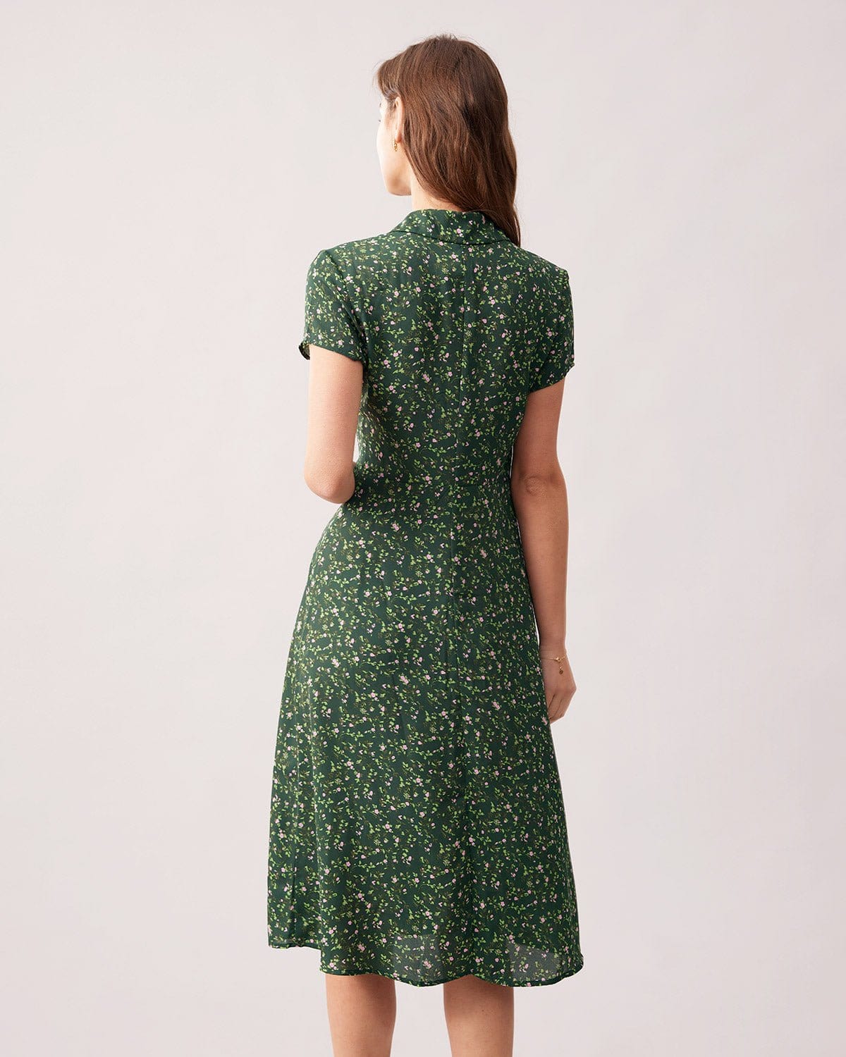 Green Floral Lapel Button Midi Dress