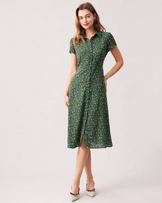 Green Floral Lapel Button Midi Dress