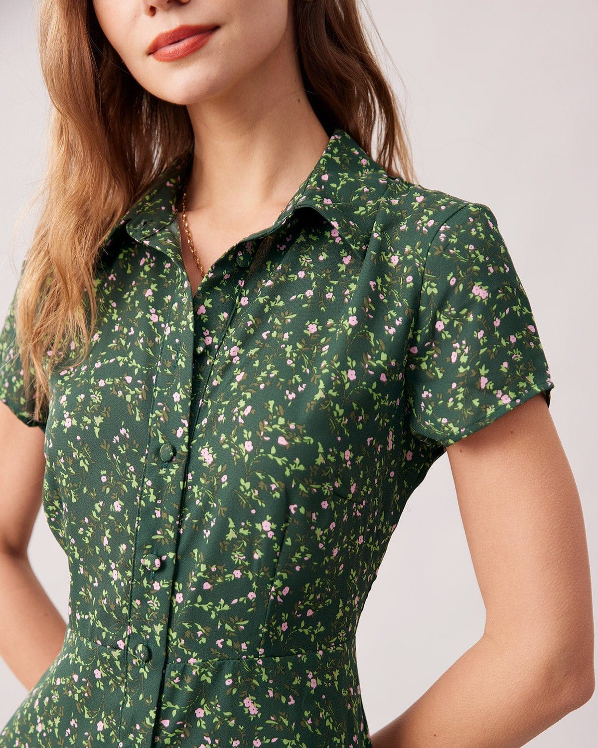 Green Floral Lapel Button Midi Dress