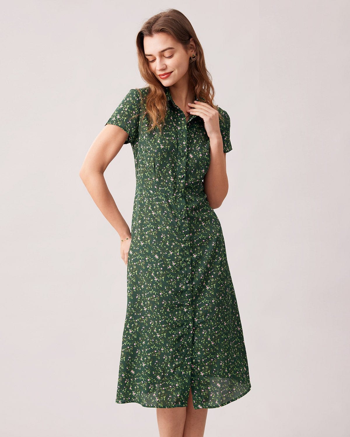 Green Floral Lapel Button Midi Dress