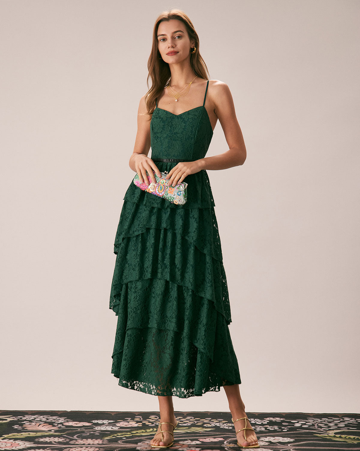 Green Sweetheart Neck Lace Maxi Dress