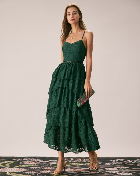 Green Sweetheart Neck Lace Maxi Dress