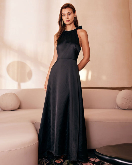 Black halter neck bow hollow dress