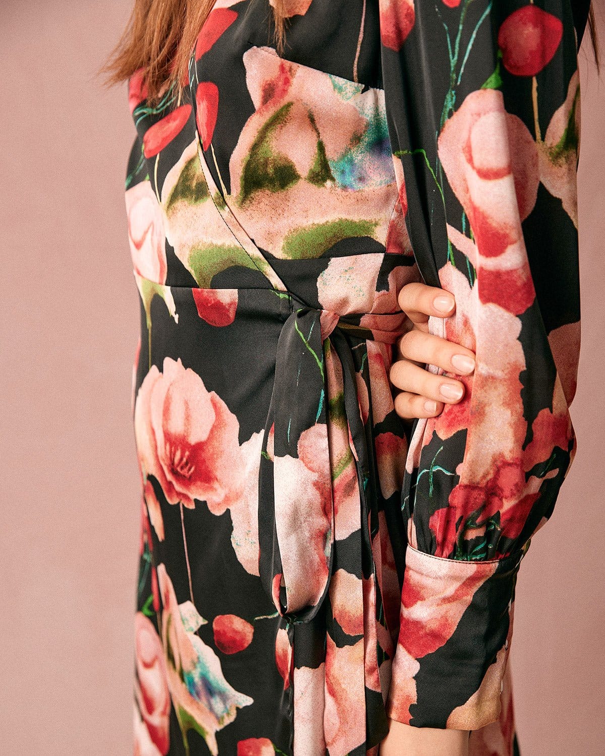 V Neck Long Sleeve Floral Wrap Mini Dress