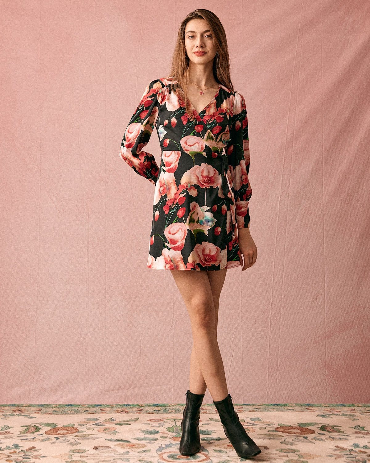 V Neck Long Sleeve Floral Wrap Mini Dress