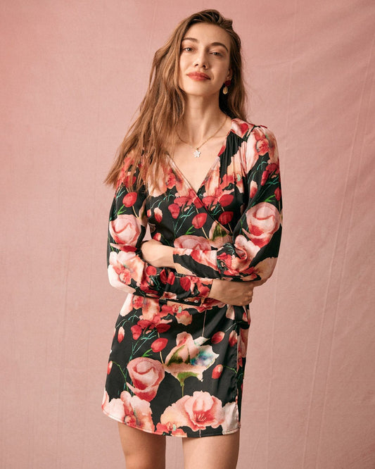 V Neck Long Sleeve Floral Wrap Mini Dress