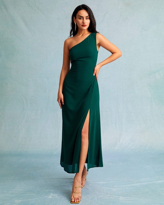 Green one shoulder sleeveless maxi dress