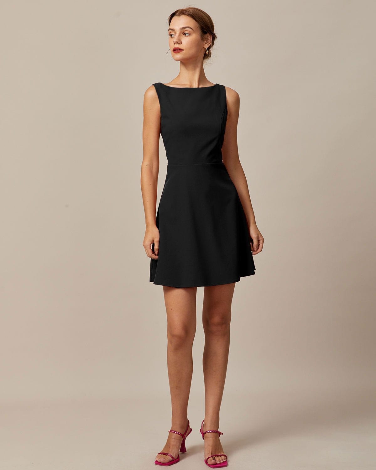 Black Boat Neck High Waist Mini Dress