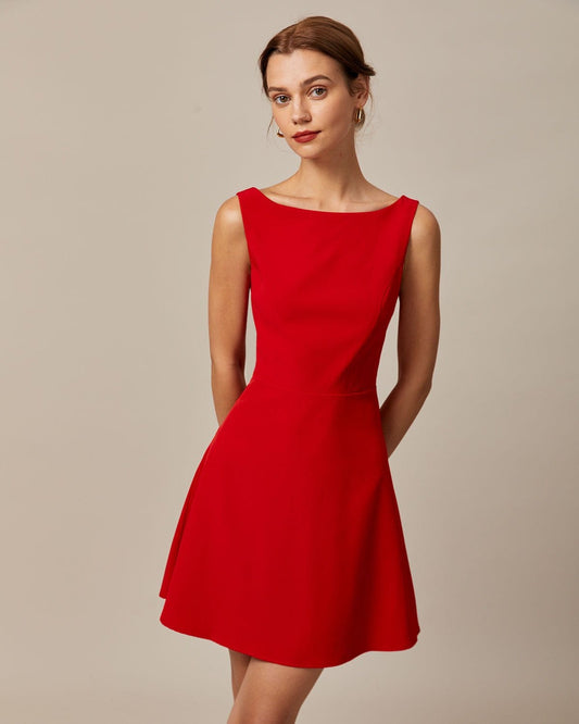 Red Boat Neck High Waist Mini Dress