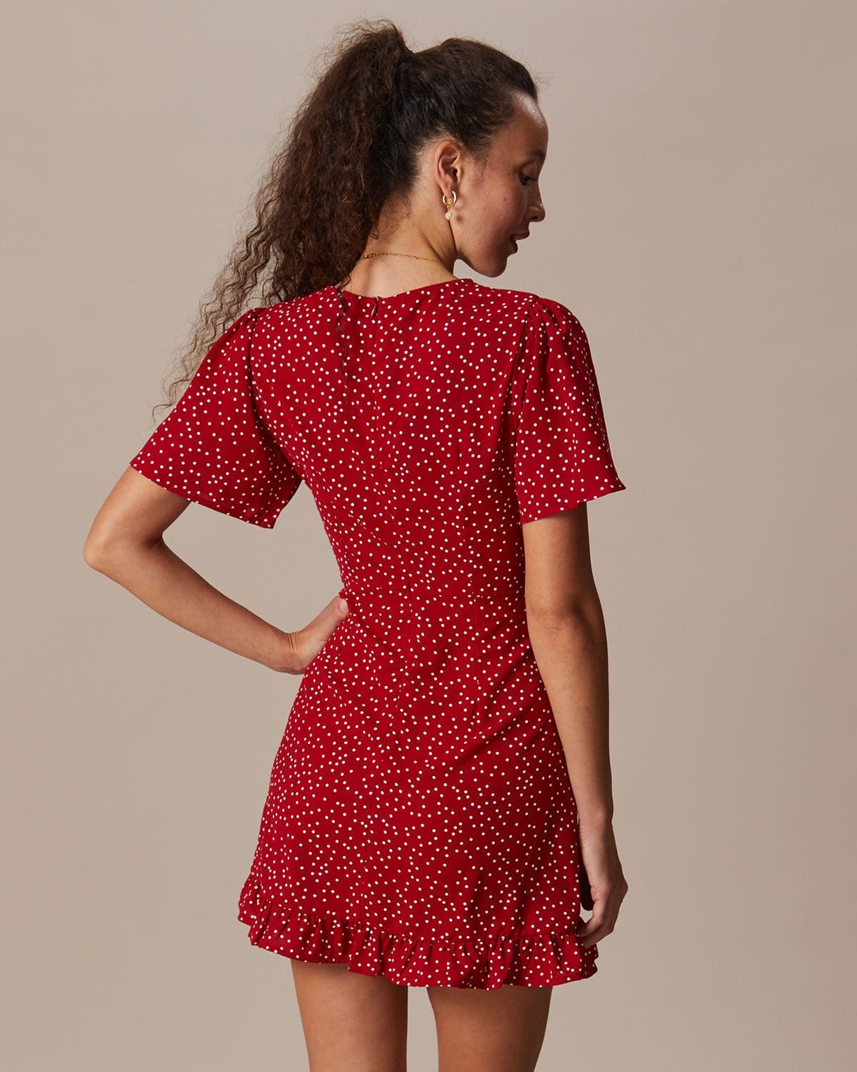 Red V Neck Polka Dot Ruffle Mini Dress